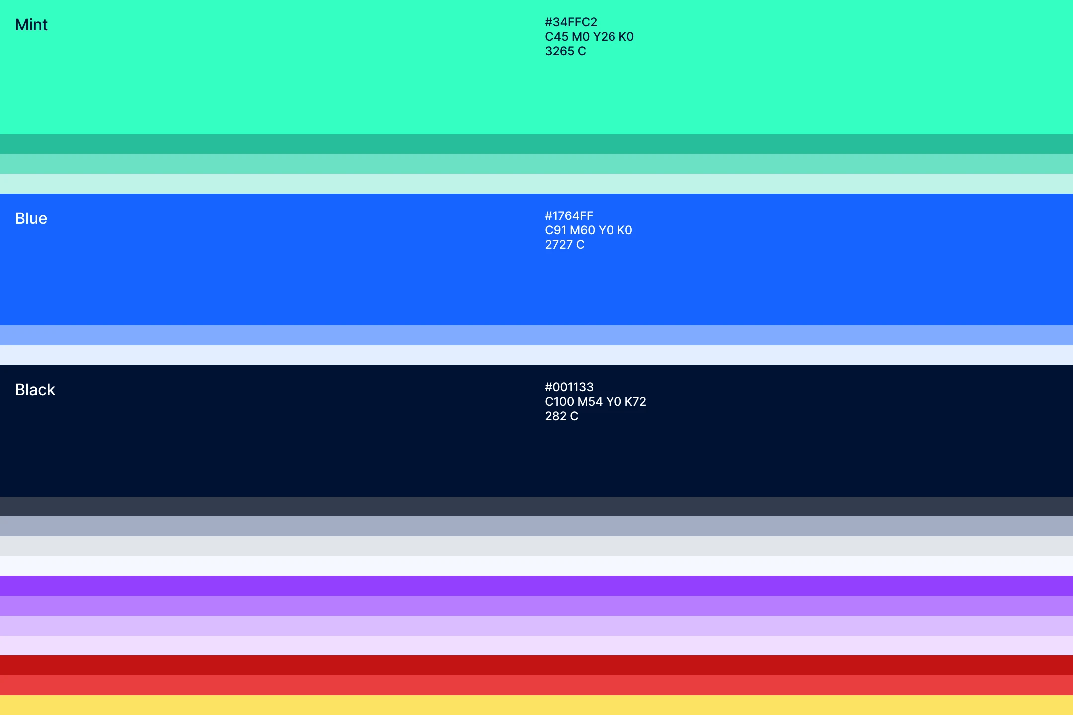 Brand color palette stripes in mint, electric blue and deep navy with purple, red and yellow accents