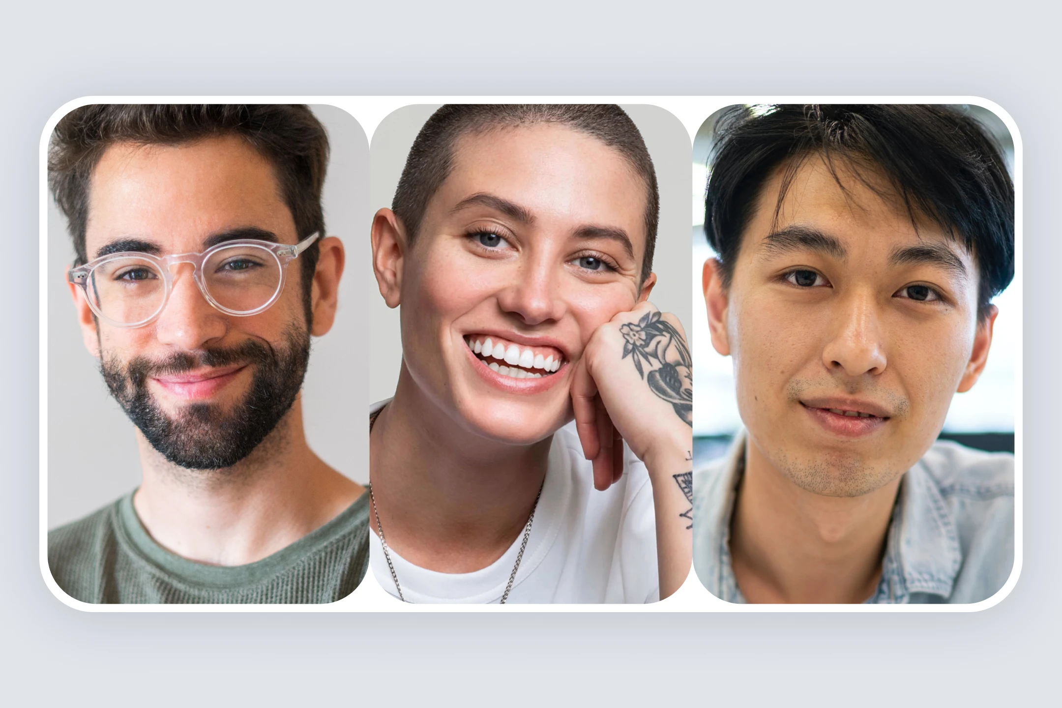 Three smiling portraits side by side in a rounded white frame: a bearded man in glasses, a woman with a shaved head and tattoos, and a man with dark hair