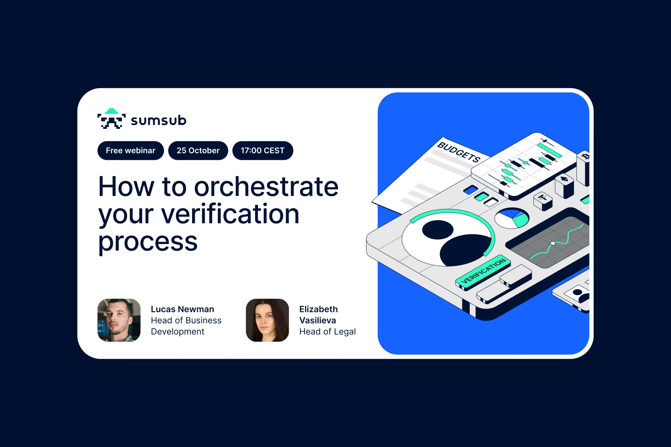 Navy webinar banner "How to orchestrate your verification process" with an isometric document illustration and two speaker profiles
