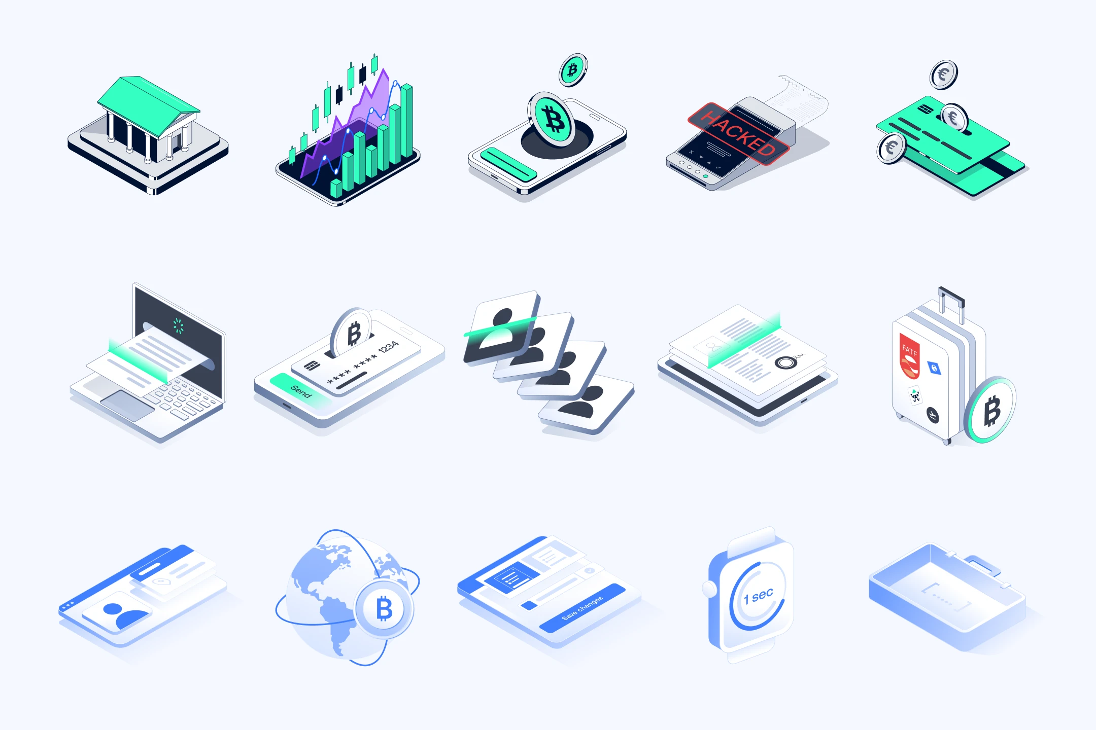 Grid of isometric illustrations on white in mint and navy: a bank, charts, coins, ID cards, a laptop and a suitcase