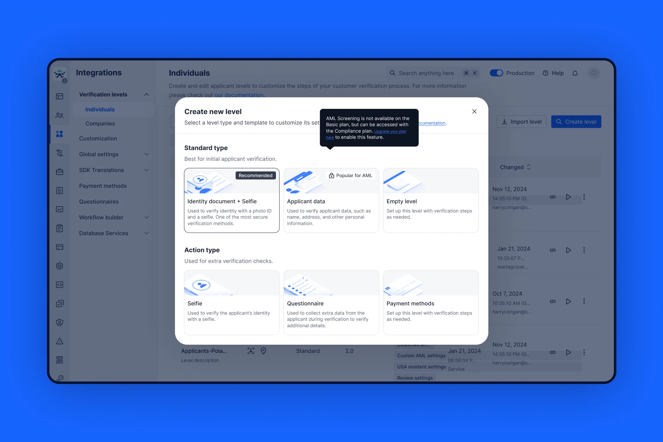Product screenshot of a "Create new level" dialog in the Sumsub dashboard on an electric blue background