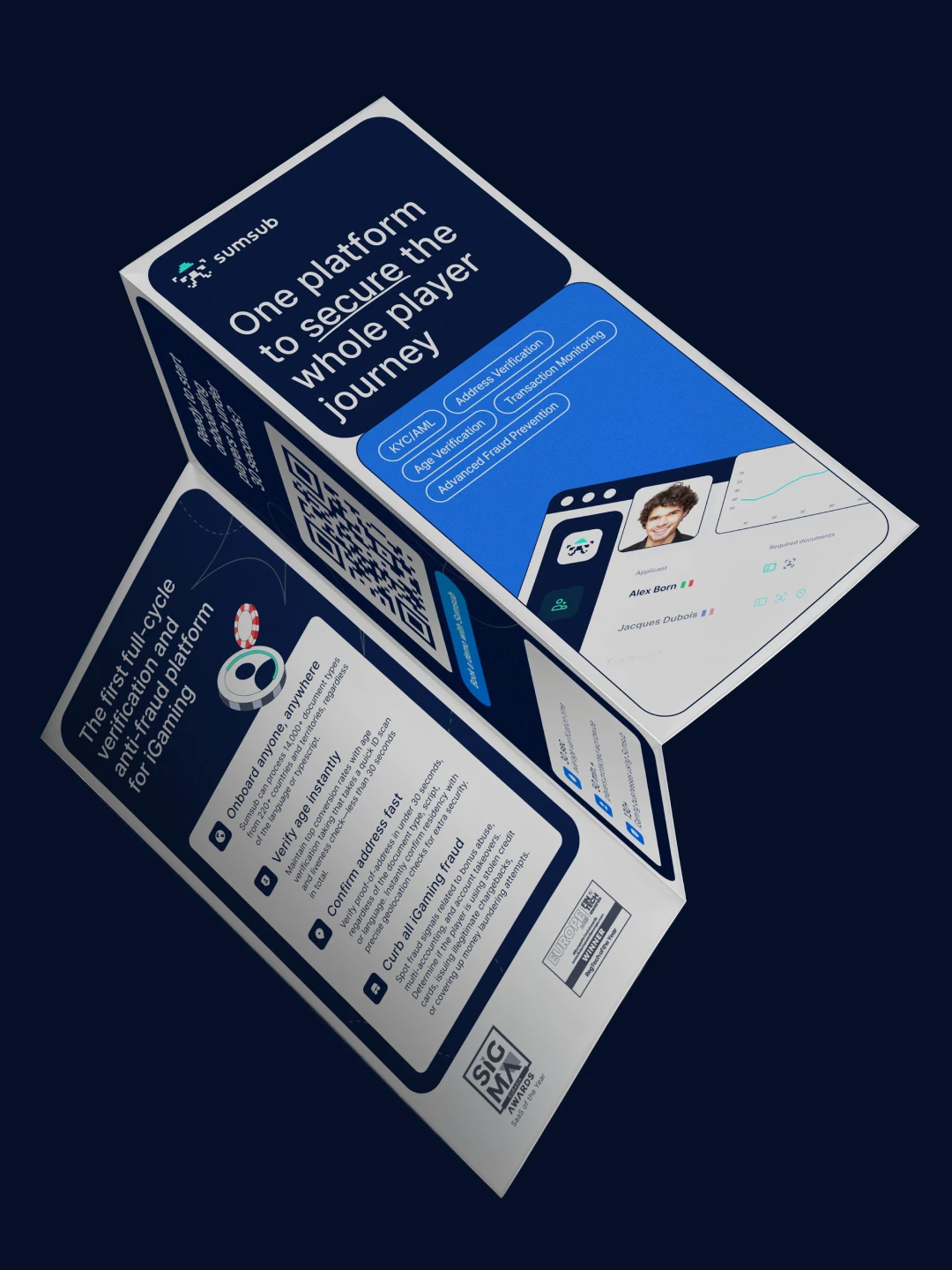 Folded navy brochure with the text "One platform to secure the whole player journey"