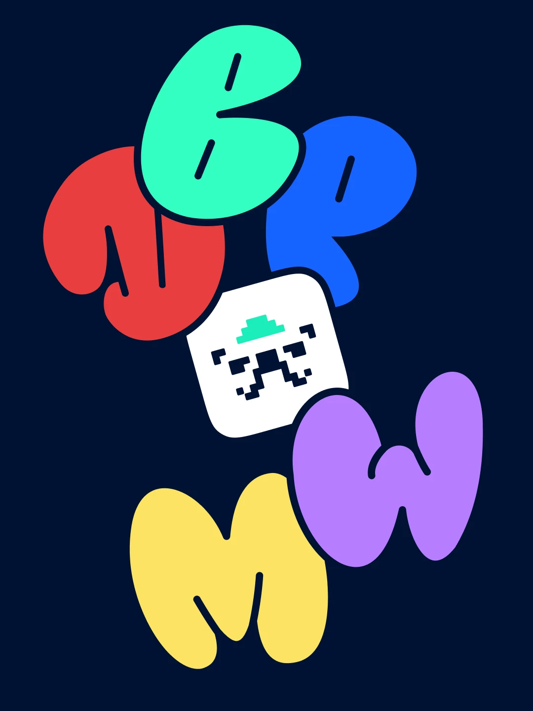 Colorful bubble-letter sticker artwork on navy with a white pixel mascot tile