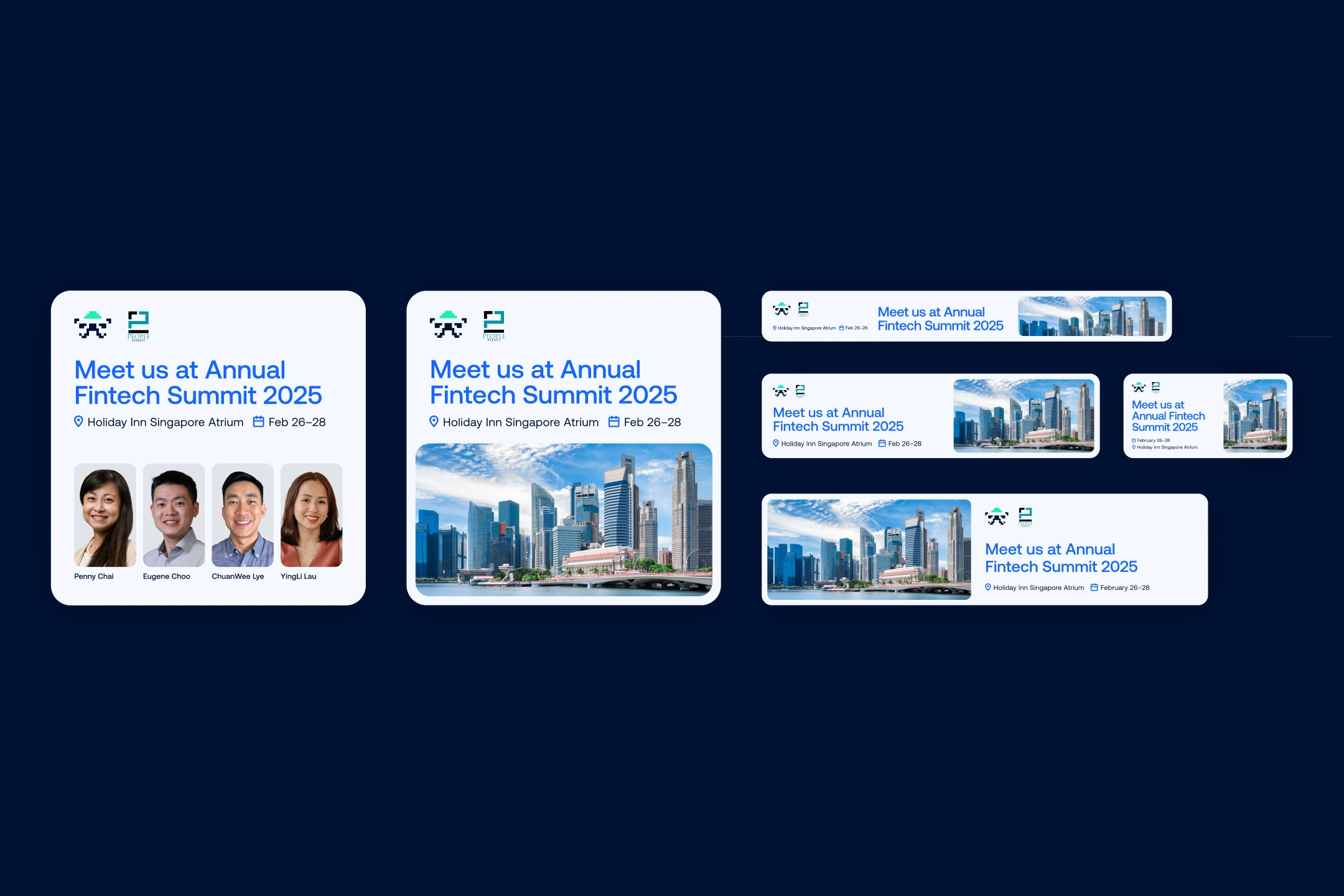 Navy slide with event cards "Meet us at Annual Fintech Summit 2025" in several formats