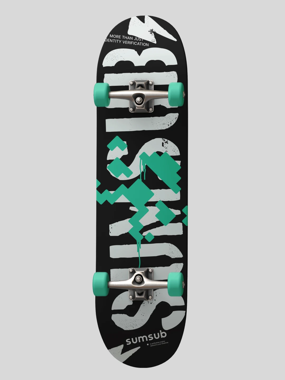 Black skateboard deck printed with a bold mint "Sumsub" graphic pattern