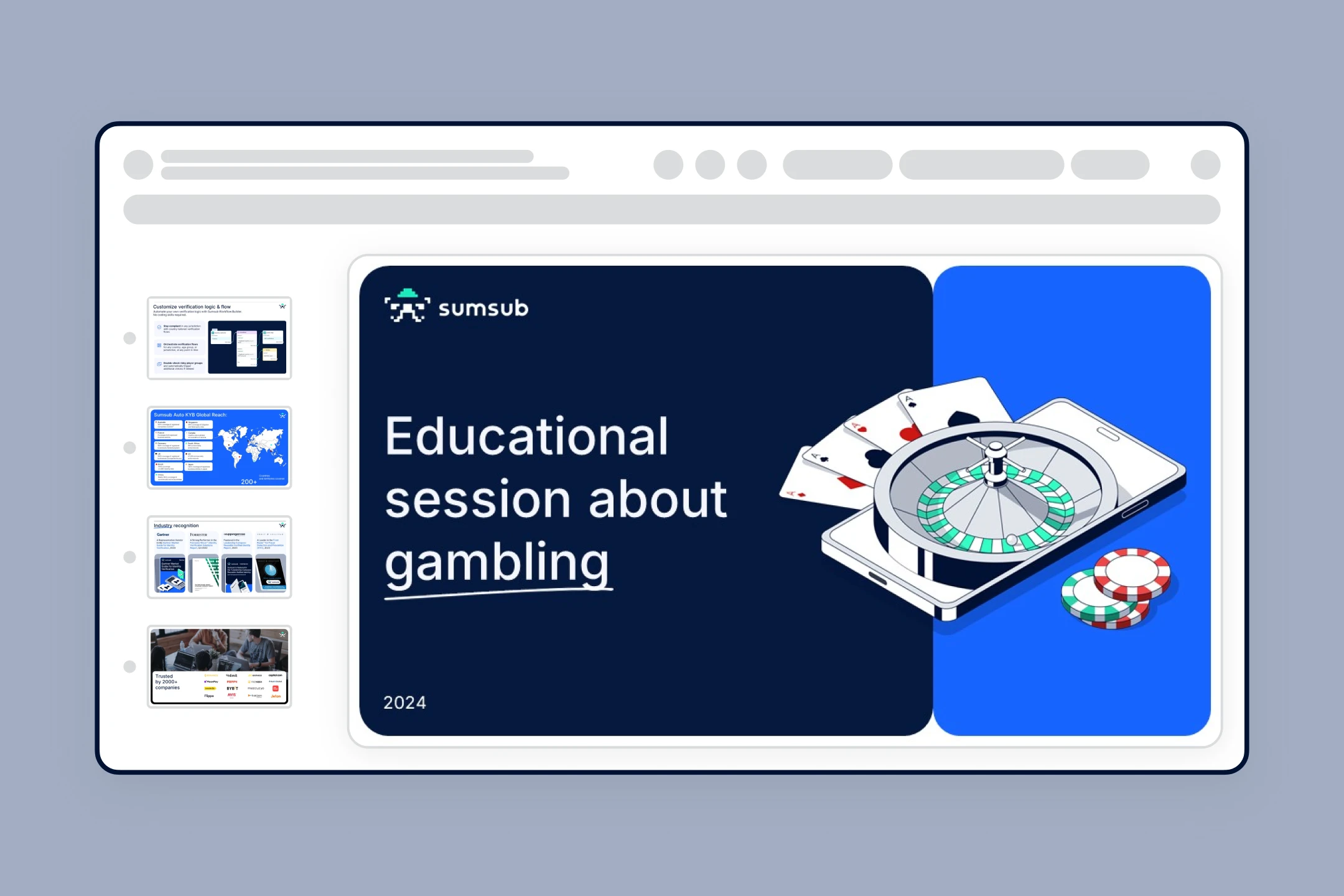Browser-framed card "Educational session about gambling" with an isometric roulette wheel and cards on navy and blue