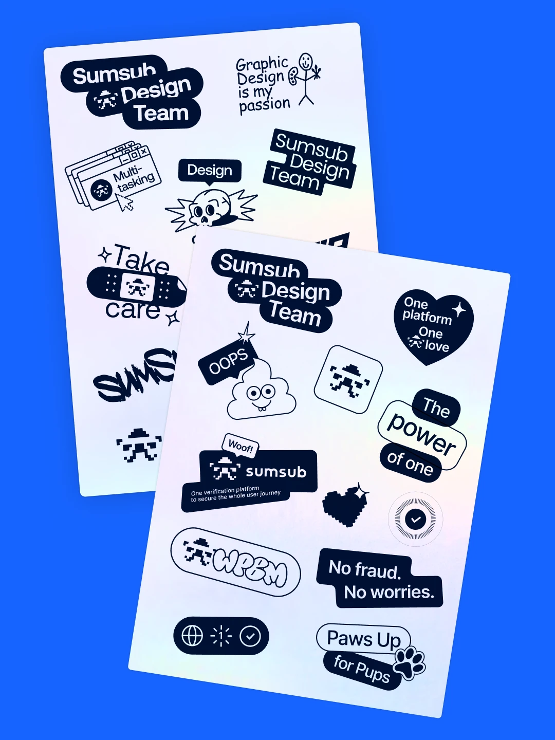 Two sheets of black-and-white stickers on holographic backing, on a blue background: "Sumsub Design Team", "No fraud. No worries.", "The power of one" and "Paws Up for Pups"